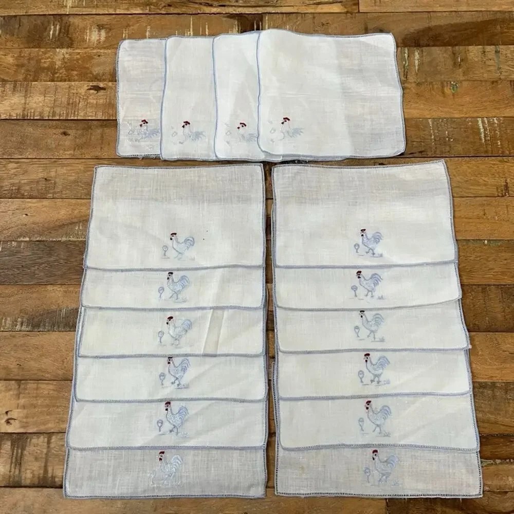 Madeira Linen Cocktail Napkins Set of 16 Hand-Embroidered Blue Rooster Drink